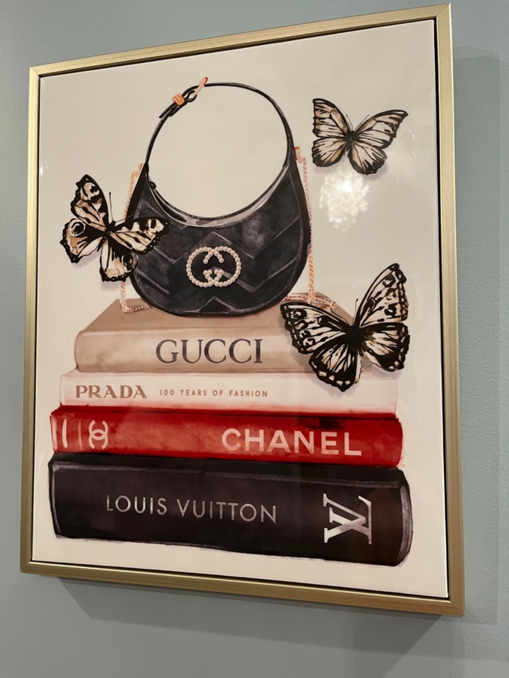 Framed Fashion Book Stack Print with Designer Logos